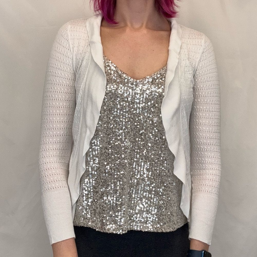 Merona Women's Long Sleeve Cardigan XS White Ruffle Open Front Lightweight Knit